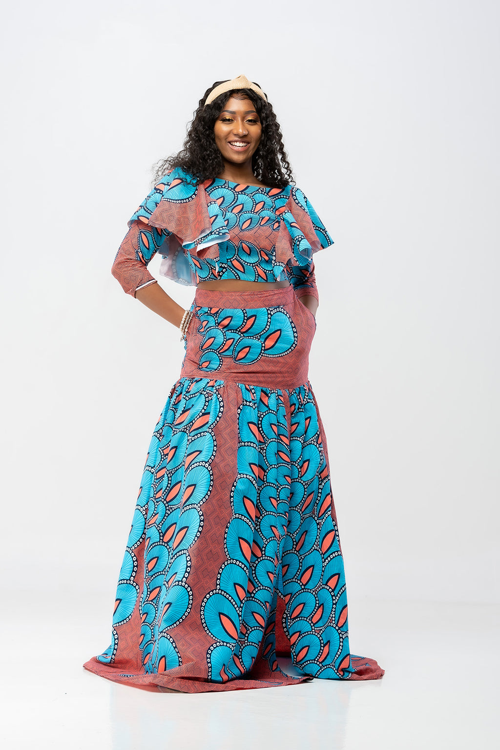 African Print Long Sleeve Imose Set - Blue