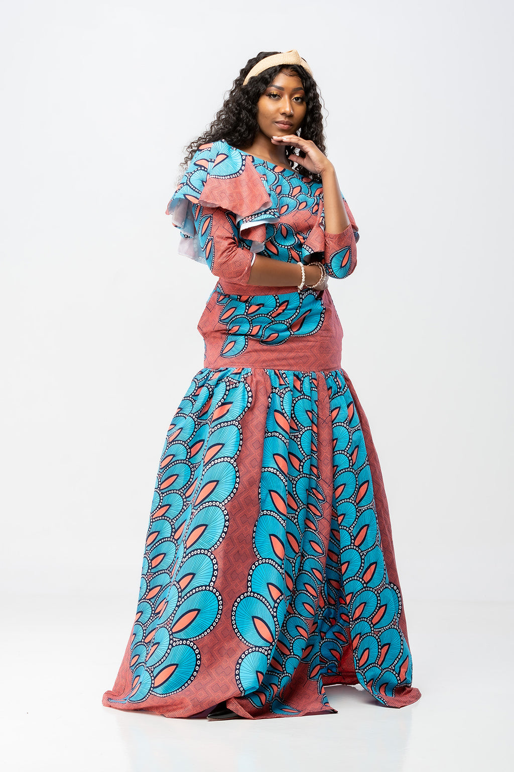 African Print Long Sleeve Imose Set - Blue