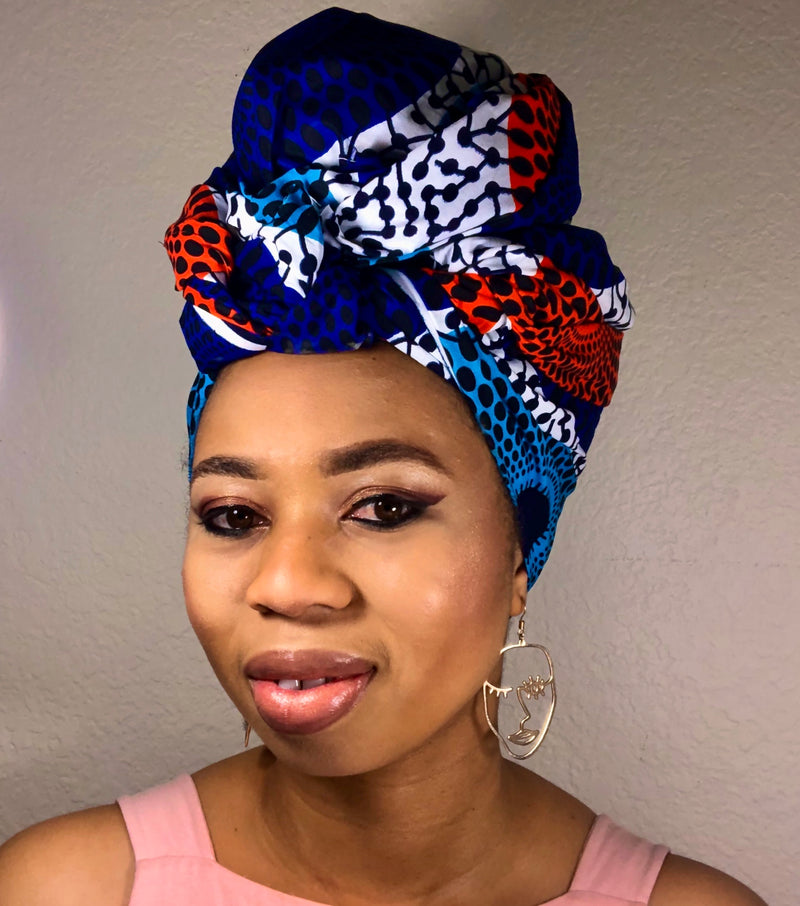 African Print Headwrap - Blue Disc